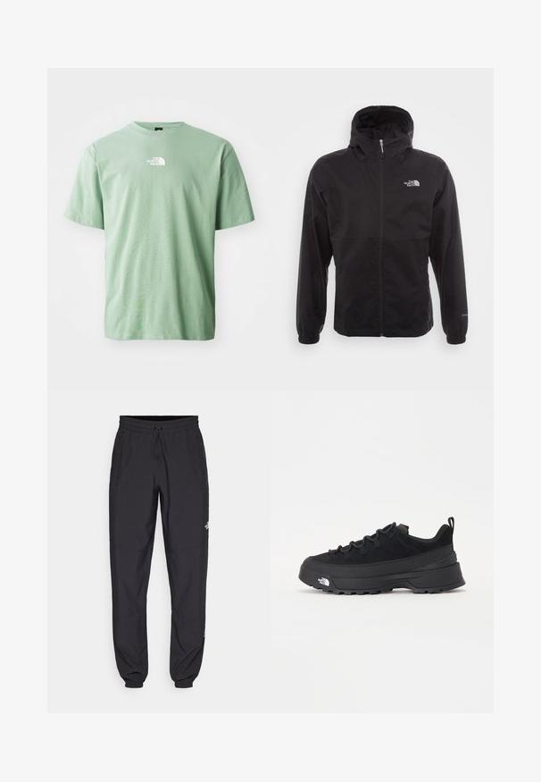 Melna ūdensnecaurlaidīga jaka ar pilnu rāvējslēdzēju, regulējamu kapuci, elastīgām piedurknēm un logo uz krūtīm; viegla, gluda tekstūra.; Gaiza zaļas krāsas kokvilnas t-krekls ar īsām piedurknēm, apaļu kakla iz griezumu un mazu baltu logotipu uz krūtīm. Mīksta tekstūra, brīvs piegriezums.; Melni sporta bikses, kas izgatavotas no viegla auduma, ar savelcamu jostu, sānu kabatām un sašaurinātiem apakšējiem galiem pie potītēm.; Melni āra sporta apavi ar zamšādas virsu, teksturētu gumijas zoli un izturīgu auklu sistēmu. Iezīmēts ar pastiprinātu papēdi un zīmola logo sānu daļā.
