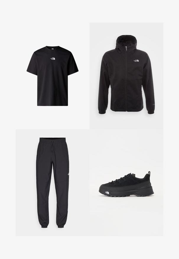 Must have veekindel must jope täispikksu lõpetusega, reguleeritava kapuutsiga, elastsete mansettide ning rinnal oleva logoga; kerge, sile tekstuur.; Must musta T-särk, lühikeste varrukate ja ümmarguse kaelusega. Ees on väike valge logo "The North Face".; Mustavad sportlikud püksid, mis on valmistatud kergest kangast, joonlauaga taljest, küljetaskudega ja kitsenevate varrukatega pahkluude juures.; Must musta jalats, millel on sametised ülemused, tekstuuriga kummist põhi ja vastupidav sidumise süsteem. Omab tugevdust kannaosas ja brändi logo küljes.
