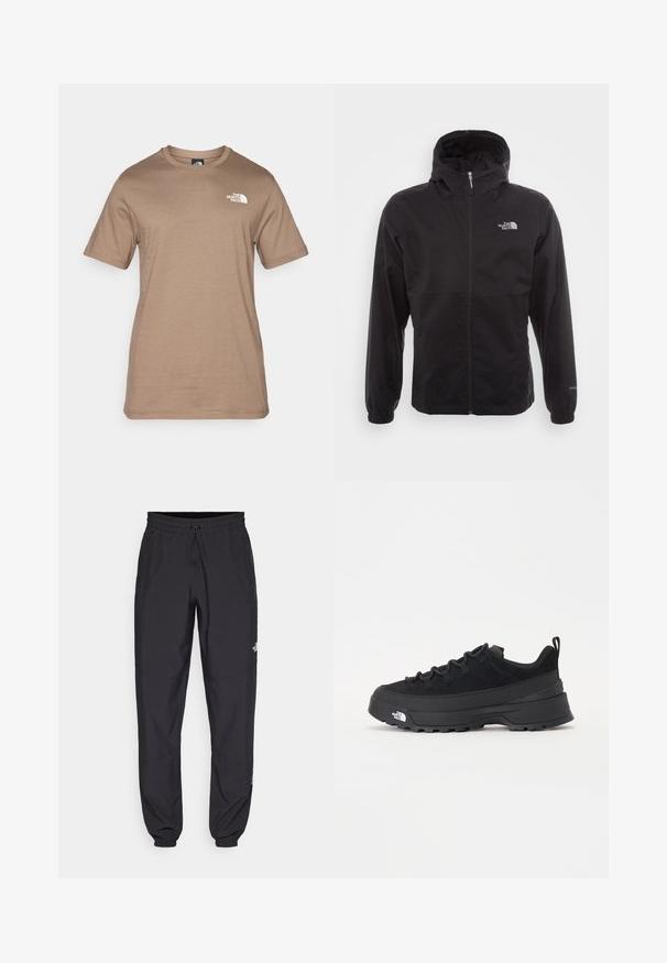 Černá nepromokavá bunda s celopropínacím zipem, nastavitelnou kapucí, elastickými manžetami a logem na hrudi; lehká, hladká textilie.; Krátký rukáv, světle hnědé bavlněné tričko s malým bílým logem na hrudi. Klasický kulatý výstřih, hladká textura a standardní střih.; Černé sportovní kalhoty vyrobené z lehké tkaniny, s páskem na šňůrku, bočními kapsami a zúženými manžetami na kotnících.; Černé venkovní tenisky s horní částí ze semiše, texturovanou gumovou podrážkou a pevným šněrováním. Obsahují zesílenou patu a logo značky na boku.