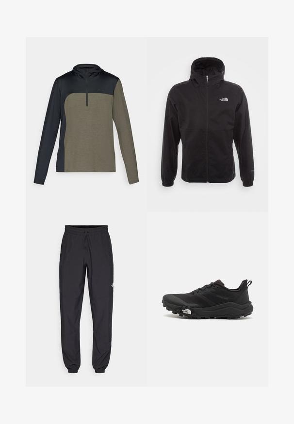 Black waterproof jacket with a full zip, adjustable hood, elastic cuffs, and a logo on the chest; lightweight, smooth texture.; Long-sleeve pullover with a half-zip, featuring a dark navy top and a khaki green lower section made from a textured, breathable fabric.; Black athletic pants made from lightweight fabric, featuring a drawstring waistband, side pockets, and tapered cuffs at the ankles.; Black trail running shoe with a textured upper, rubber sole, and reinforced toe cap. Features a padded collar and pull tab for easy wear.