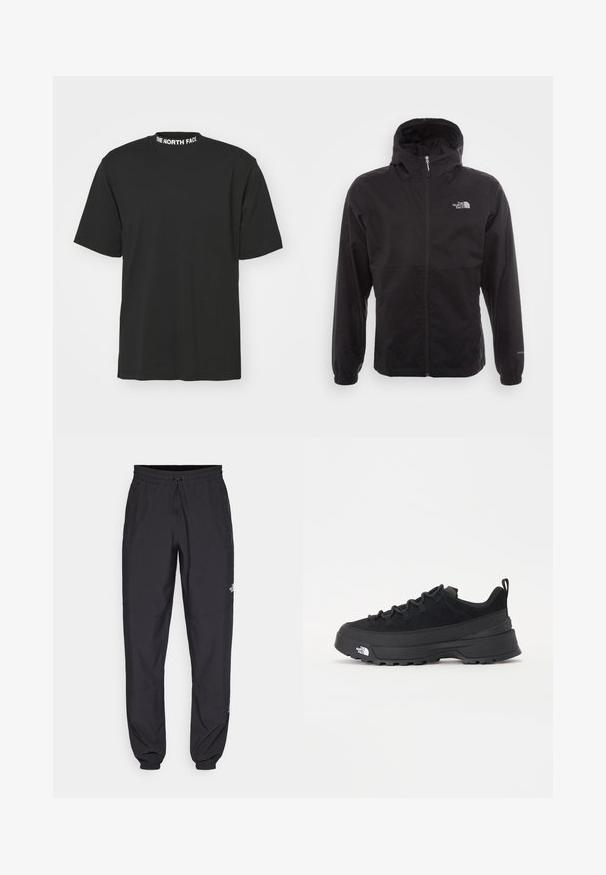 Μαύρο αδιάβροχο μπουφάν με πλήρες φερμουάρ, ρυθμιζόμενη κουκούλα, ελαστικές μανσέτες και λογότυπο στο στήθος; ελαφρύ, με λεία υφή.; Μαύρη μπλούζα φτιαγμένη από βαμβάκι, με κοντά μανίκια και στρογγυλή λαιμόκοψη. Ο γιακάς έχει μια λευκή εκτύπωση λογότυπου. Απλός και ευέλικτος σχεδιασμός.; Μαύρη αθλητική παντελόνι κατασκευασμένο από ελαφρύ ύφασμα, με ζώνη που ρυθμίζεται με κορδόνι, πλευρικές τσέπες και στενές μανσέτες στους αστραγάλους.; Μαύρο εξωτερικό αθλητικό παπούτσι με σουέτ άνω μέρος, υφασμένο καουτσούκ σόλα και ανθεκτικό σύστημα δέσης. Διαθέτει ενισχυμένη φτέρνα και λογότυπο της μάρκας στο πλάι.