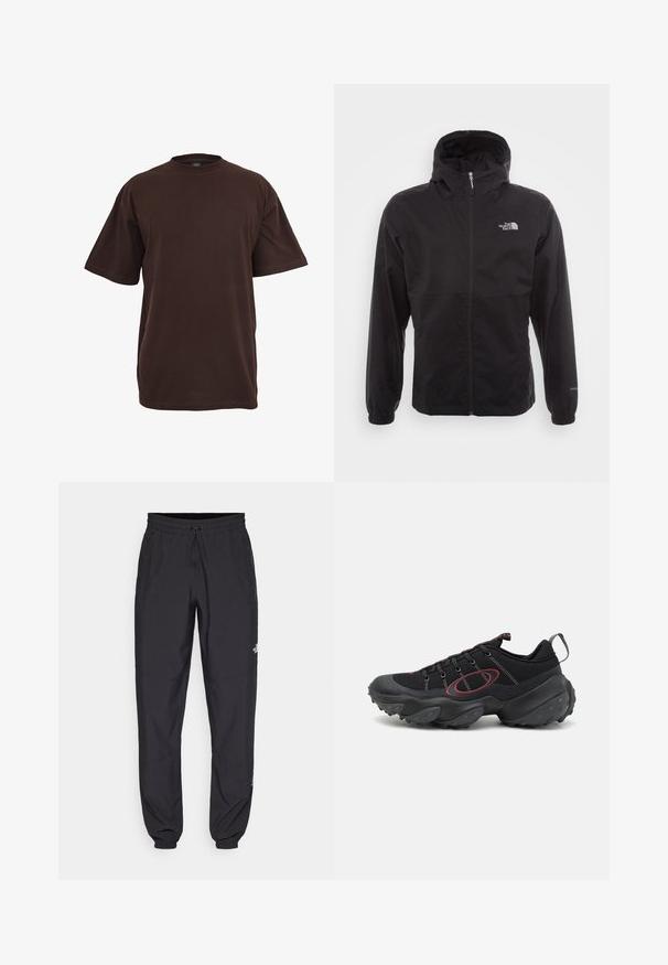 Musta vedenpitävä takki täysihihnalla, säädettävällä huppulla, joustavilla hihansuilla ja logolla rinnassa; kevyt, sileä pinta.; Ruskea puuvillapaita, jossa on lyhyet hihat, pyöreä kaula-aukko ja rento istuvuus. Sileä tekstuuri ilman näkyviä kuvioita tai yksityiskohtia.; Mustat urheiluhousut, jotka on valmistettu kevyestä kankaasta. Housuissa on naru vyötäröllä, sivutaskut ja kapenevat hihnat nilkoissa.; Mustat urheilukengät, joissa on teksturoitu verkkopäällinen, kontrastoivat punaiset yksityiskohdat ja paksu kuminen pohja, jossa on pyöristetyt pidikkeet.