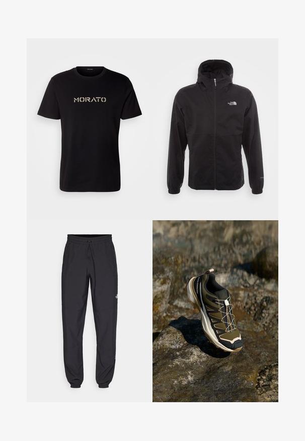 Giacca nera impermeabile con zip completa, cappuccio regolabile, polsini elasticizzati e logo sul petto; leggera, con texture liscia.; Antony Morato REGULAR FIT WITH LOGO - T-shirt con stampa - black; Pantaloni sportivi neri realizzati in tessuto leggero, con vita regolabile con cordino, tasche laterali e orli affusolati alle caviglie.; Scarpe da escursionismo in verde oliva e nero con dettagli rosa. Presentano una parte superiore testurizzata, suola flessibile, puntale rinforzato e un vivace sistema di allacciatura.