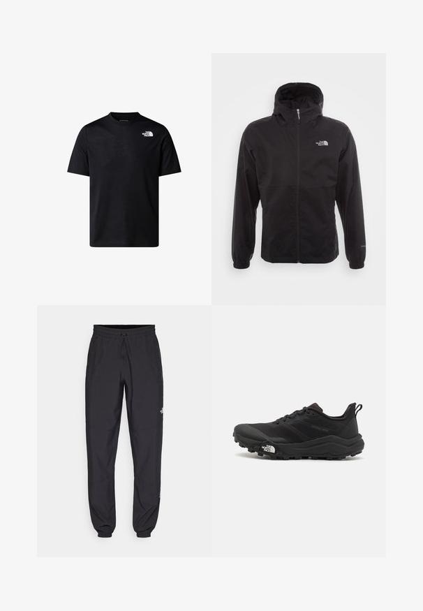 Černá nepromokavá bunda s celopropínacím zipem, nastavitelnou kapucí, elastickými manžetami a logem na hrudi; lehká, hladká textilie.; Černé tričko s krátkým rukávem vyrobené z bavlněné směsi, s kulatým výstřihem a malým bílým logem na horní levé straně. Hladká textura.; Černé sportovní kalhoty vyrobené z lehké tkaniny, s páskem na šňůrku, bočními kapsami a zúženými manžetami na kotnících.; Černé trailové běžecké boty s texturovaným svrškem, gumovou podrážkou a vyztuženou špičkou. Obsahují polstrovaný límec a poutko pro snadné obouvání.