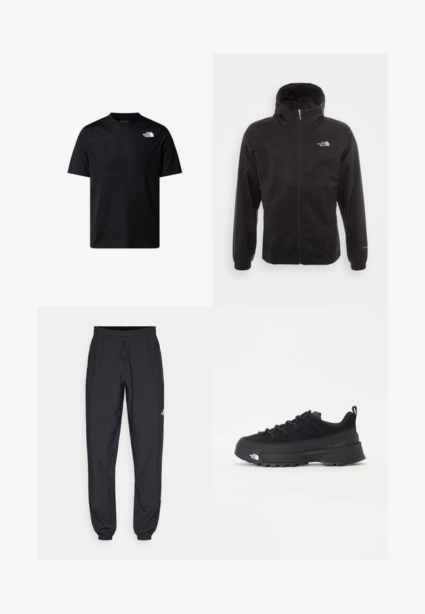 Chaqueta negra impermeable con cremallera completa, capucha ajustable, puños elásticos y un logo en el pecho; ligera, con textura suave.; Camiseta de manga corta negra hecha de mezcla de algodón, con cuello redondo y un pequeño logo blanco en la parte superior izquierda. Textura suave.; Pantalones deportivos negros hechos de un tejido ligero, con una cinturilla ajustable, bolsillos laterales y puños ajustados en los tobillos.; Zapatilla negra de exterior con parte superior de ante, suela de goma texturizada y un sólido sistema de cordones. Cuenta con un talón reforzado y el logotipo de la marca en el lateral.