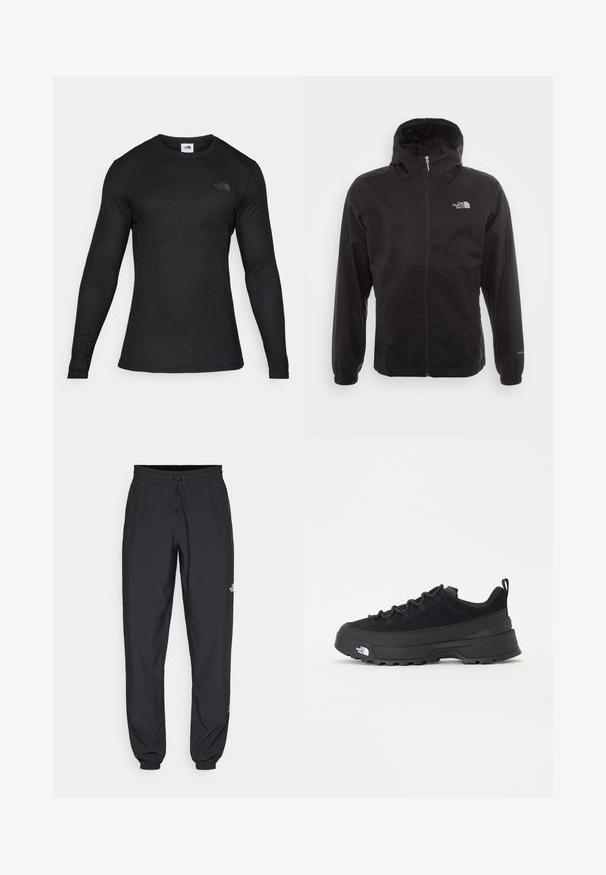 Juodas vandeniui atsparus švarkas su pilnu užtrauktuku, reguliuojama kapuce, elastingais rankogaliais ir logotipu ant krūtinės; lengvas, lygaus paviršiaus.; Juoda ilgomis rankovėmis marškinėliai pagaminti iš lengvo, lygaus audinio, su apvaliu kaklu ir mažuoju juodu logotipu kairėje pusėje.; Juodos sportinės kelnės, pagamintos iš lengvos medžiagos, su raišteliu liemens srityje, šoniniais kišenėmis ir siaurėjantys apykaklės prie kulkšnies.; Juodas lauko sportinis batelis su zomšiniu viršumi, tekstūruota guma padais ir tvirtas raištelių sistema. Yra sustiprinta kulno dalis ir prekės ženklo logotipas šone.