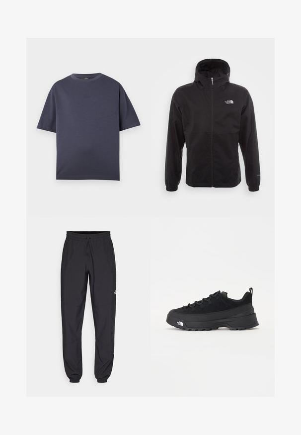 Črna vodotesna jakna s polnim zadrgo, nastavljivo kapuco, elastičnimi manšeti in logotipom na prsih; lahka, gladka tekstura.; Temno modra kratka majica z dolgimi rokavi, izdelana iz mehkega bombažnega materiala. Okrogla izrezana ovratnica, sproščen kroj, s subtilnim embosiranim logotipom na prsih.; Črne atletske hlače iz lahkega materiala, ki imajo elastični pas z vezalko, stranske žepe in zožene manšete na gležnjih.; Črne zunanje teniske s zgornjim delom iz usnja z nubukom, teksturiranim gumijastim podplatom in trdnim vezalnim sistemom. Imajo ojačan petni del in logotip blagovne znamke na strani.