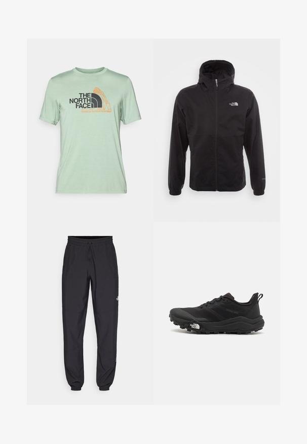 Čierna nepremokavá bunda s plným zipsom, nastaviteľnou kapucňou, elastickými manžetami a logom na hrudi; ľahká, s hladkou textúrou.; Mentolovo zelené tričko vyrobené z ľahkého materiálu; krátke rukávy; na prednej strane obsahuje čierno-oranžovú grafiku loga s textom.; Čierne športové nohavice vyrobené z ľahkej tkaniny, s elastickým pásom na šnurovanie, bočnými vreckami a zúženými manžetami na členkoch.; Čierne trailové behacie topánky s štruktúrovaným zvrškom, gumovou podrážkou a vystuženou špičkou. Obsahuje polstrovaný golier a úchyt na jednoduché obúvanie.