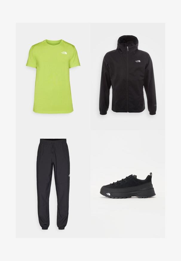 Μαύρο αδιάβροχο μπουφάν με πλήρες φερμουάρ, ρυθμιζόμενη κουκούλα, ελαστικές μανσέτες και λογότυπο στο στήθος; ελαφρύ, με λεία υφή.; Λαχανί κοντομάνικο μπλουζάκι φτιαγμένο από ύφασμα που απορροφά την υγρασία, με μικρό λευκό λογότυπο στο αριστερό στήθος και κούστικα λαιμό.; Μαύρη αθλητική παντελόνι κατασκευασμένο από ελαφρύ ύφασμα, με ζώνη που ρυθμίζεται με κορδόνι, πλευρικές τσέπες και στενές μανσέτες στους αστραγάλους.; Μαύρο εξωτερικό αθλητικό παπούτσι με σουέτ άνω μέρος, υφασμένο καουτσούκ σόλα και ανθεκτικό σύστημα δέσης. Διαθέτει ενισχυμένη φτέρνα και λογότυπο της μάρκας στο πλάι.