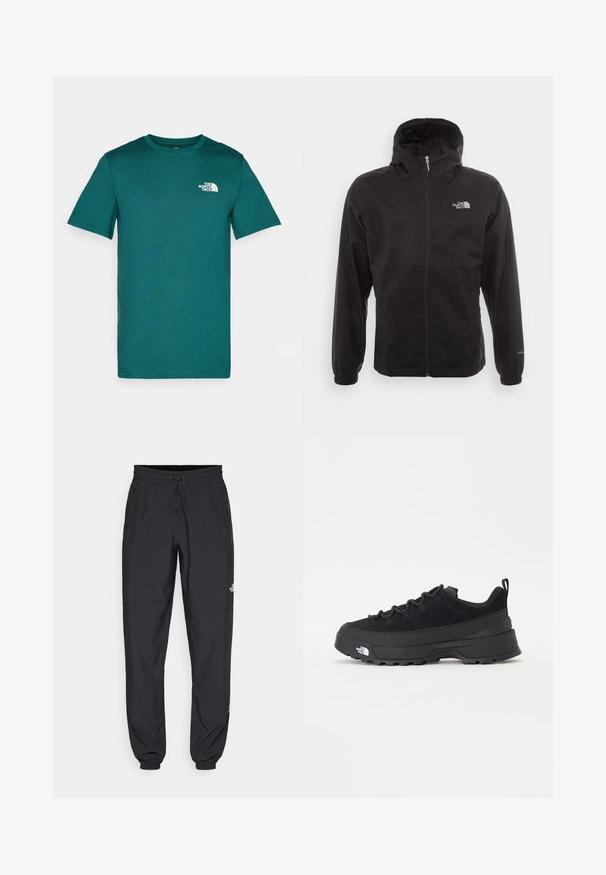 Melna ūdensnecaurlaidīga jaka ar pilnu rāvējslēdzēju, regulējamu kapuci, elastīgām piedurknēm un logo uz krūtīm; viegla, gluda tekstūra.; Skaistā zaļa īso piedurkņu t-krekls, kas izgatavots no mīksta kokvilnas, ar apaļu kakla izgriezumu un baltu logotipu kreisajā krūtīs. Vienkāršs dizains, bez rakstiem.; Melni sporta bikses, kas izgatavotas no viegla auduma, ar savelcamu jostu, sānu kabatām un sašaurinātiem apakšējiem galiem pie potītēm.; Melni āra sporta apavi ar zamšādas virsu, teksturētu gumijas zoli un izturīgu auklu sistēmu. Iezīmēts ar pastiprinātu papēdi un zīmola logo sānu daļā.