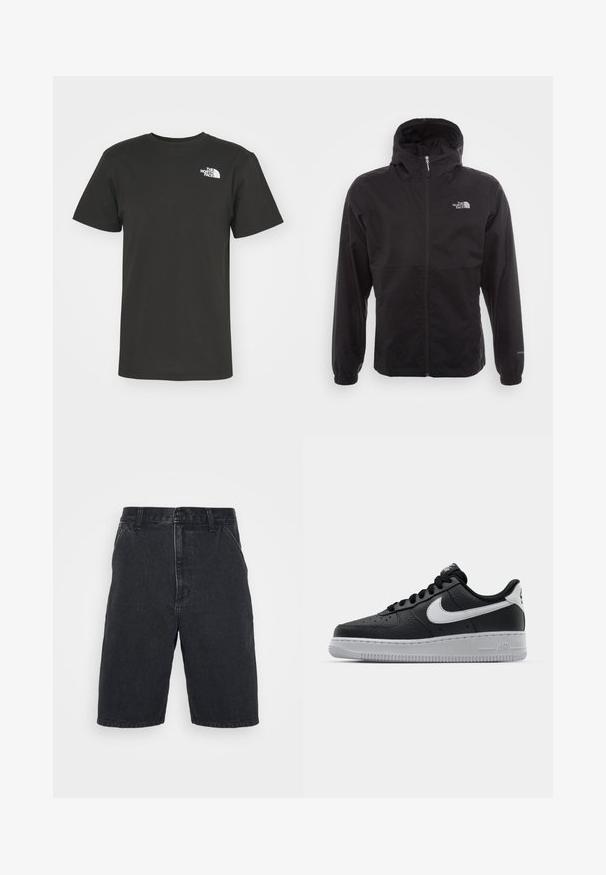 Černá nepromokavá bunda s celopropínacím zipem, nastavitelnou kapucí, elastickými manžetami a logem na hrudi; lehká, hladká textilie.; Černé bavlněné tričko s kulatým výstřihem, krátkými rukávy a malým bílým logem na levé hrudi. Jednoduchý design, hladká textura.; Černé džíny šortky s rovný střihem, s uzavíráním na knoflík a dvěma postranními kapsami. Nedokončený lem s jemnými detaily vyblednutí.; Černé kožené tenisky s texturovaným povrchem, bílým logem Nike, šedou podrážkou, kulatou špičkou a designem na šněrování. Obsahují perforace na špičce.