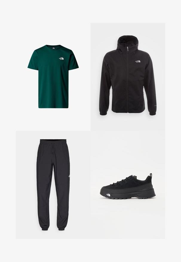 Černá nepromokavá bunda s celopropínacím zipem, nastavitelnou kapucí, elastickými manžetami a logem na hrudi; lehká, hladká textilie.; Zelené bavlněné tričko s kulatým výstřihem, krátkými rukávy a malým bílým logem na levé horní straně. Hladká textura, klasický střih.; Černé sportovní kalhoty vyrobené z lehké tkaniny, s páskem na šňůrku, bočními kapsami a zúženými manžetami na kotnících.; Černé venkovní tenisky s horní částí ze semiše, texturovanou gumovou podrážkou a pevným šněrováním. Obsahují zesílenou patu a logo značky na boku.