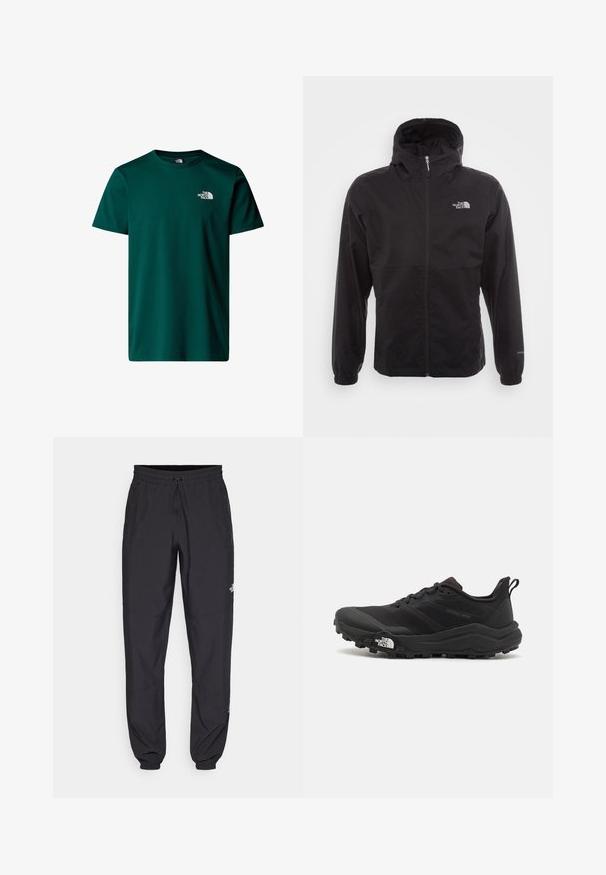 Black waterproof jacket with a full zip, adjustable hood, elastic cuffs, and a logo on the chest; lightweight, smooth texture.; Green cotton T-shirt with a crew neck, short sleeves, and a small white logo on the upper left side. Smooth texture, classic fit.; Black athletic pants made from lightweight fabric, featuring a drawstring waistband, side pockets, and tapered cuffs at the ankles.; Black trail running shoe with a textured upper, rubber sole, and reinforced toe cap. Features a padded collar and pull tab for easy wear.