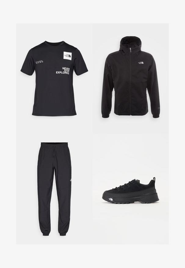 Chaqueta negra impermeable con cremallera completa, capucha ajustable, puños elásticos y un logo en el pecho; ligera, con textura suave.; Camiseta de mangas cortas negra fabricada en tejido suave. Presenta texto gráfico blanco y un logo en el pecho con coordenadas en el lado izquierdo.; Pantalones deportivos negros hechos de un tejido ligero, con una cinturilla ajustable, bolsillos laterales y puños ajustados en los tobillos.; Zapatilla negra de exterior con parte superior de ante, suela de goma texturizada y un sólido sistema de cordones. Cuenta con un talón reforzado y el logotipo de la marca en el lateral.