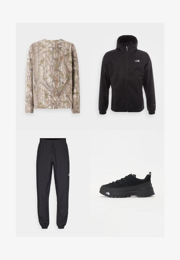 Schwarze wasserdichte Jacke mit durchgehendem Reißverschluss, verstellbarem Kapuzen, elastischen Bündchen und einem Logo auf der Brust; leicht und mit glatter Textur.; Langarmhemd im Camouflage-Muster mit Brauntönen, Grüntönen und Grau, Rundhals und lockerer Passform. Die strukturierte Oberfläche ähnelt Baumrinde.; Schwarze Sporthosen aus leichtem Stoff, mit einem Kordelzugbund, seitlichen Taschen und schmal zulaufenden Bündchen an den Knöcheln.; Schwarzer Outdoorsneaker mit einem Obermaterial aus Wildleder, strukturierter Gummisohle und robustem Schnürsystem. Verfügt über eine verstärkte Ferse und das Markenlogo an der Seite.