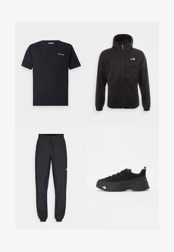 Casaco impermeável preto com fecho completo, capuz ajustável, punhos elásticos e um logótipo no peito; leve, com textura suave.; Camiseta preta de manga curta feita de algodão, com um pequeno logotipo branco da Columbia na área do bolso esquerdo do peito. Decote redondo clássico e corte solto.; Calças atléticas pretas feitas de tecido leve, com um cós ajustável por cordão, bolsos laterais e punhos afunilados nos tornozelos.; Sapatilha de exterior preta com parte superior em camurça, sola de borracha texturizada e sistema de atacadores robusto. Apresenta um calcanhar reforçado e o logótipo da marca na lateral.