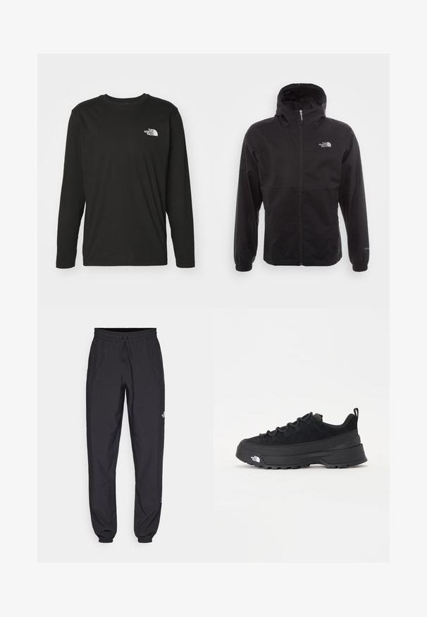 Juodas vandeniui atsparus švarkas su pilnu užtrauktuku, reguliuojama kapuce, elastingais rankogaliais ir logotipu ant krūtinės; lengvas, lygaus paviršiaus.; Juoda medvilninė marškinėlių su ilgomis rankovėmis, su baltu "The North Face" logo kairėje krūtinės pusėje. Paprasta apvalios kaklo dizaino.; Juodos sportinės kelnės, pagamintos iš lengvos medžiagos, su raišteliu liemens srityje, šoniniais kišenėmis ir siaurėjantys apykaklės prie kulkšnies.; Juodas lauko sportinis batelis su zomšiniu viršumi, tekstūruota guma padais ir tvirtas raištelių sistema. Yra sustiprinta kulno dalis ir prekės ženklo logotipas šone.