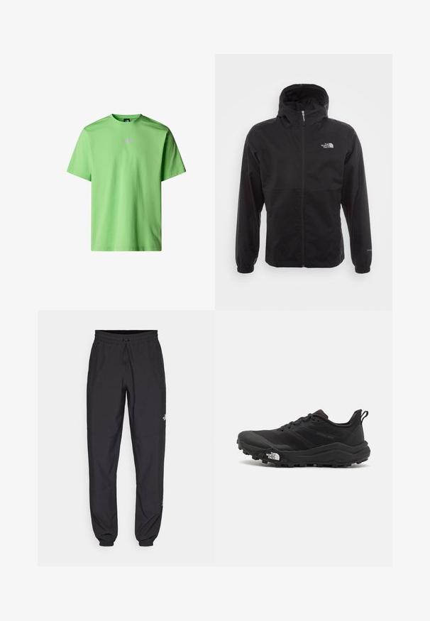 Sort vandtæt jakke med fuld lynlås, justerbar hætte, elastiske manchetter og et logo på brystet; letvægts, glat tekstur.; Kortærmet t-shirt i lys grøn bomuld med et lille, hvidt The North Face-logo på brystet og et klassisk rundhalsdesign.; Sorte atletiske bukser lavet af letvægtsstof, med en snor i taljen, sidelommer og tapered manchetter ved anklerne.; Sort trail løbesko med en struktureret overdel, gummisål og forstærket tåhætte. Har en polstret krave og en pull-tab til nem påtagning.