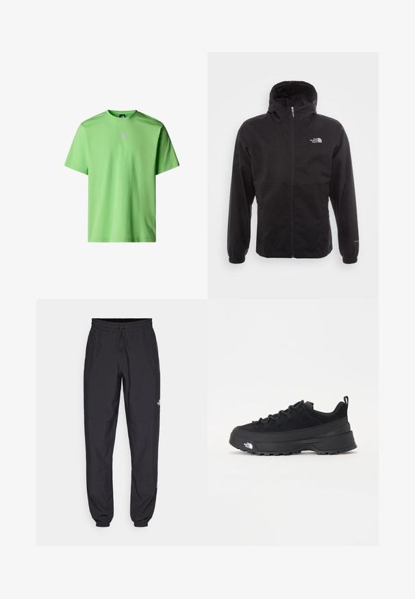 Svart vattentät jacka med full dragkedja, justerbar huva, elastiska ärmslut och en logotyp på bröstet; lätt och slät textur.; Kortärmad t-shirt i klargul bomull, med en liten vit The North Face-logotyp på bröstet och en klassisk rundhalsad design.; Svarta träningsbyxor tillverkade av lättviktsmaterial, med dragsko i midjan, sidofickor och avsmalnande muddar vid anklarna.; Svart utomhussko med ovandel i mocka, texturerad gummisula och robust snörningssystem. Har en förstärkt häl och varumärkeslogotyp på sidan.