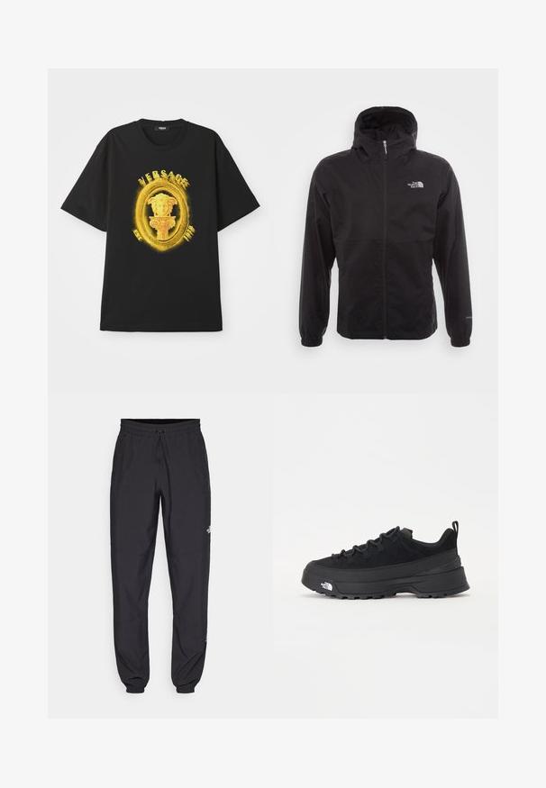 Musta vedenpitävä takki täysihihnalla, säädettävällä huppulla, joustavilla hihansuilla ja logolla rinnassa; kevyt, sileä pinta.; Mustat lyhyet hihat T-paita, jossa on keltainen koristeellinen soikea kehys, Medusa-patsas ja "VERSACE" -teksti edessä.; Mustat urheiluhousut, jotka on valmistettu kevyestä kankaasta. Housuissa on naru vyötäröllä, sivutaskut ja kapenevat hihnat nilkoissa.; Mustamustad välisjalanõud suede ülemise, tekstuuriga kummist tallaga ja tugeva paelaga. Varustatud tugevdatud kanna ja brändi logoga külgedel.