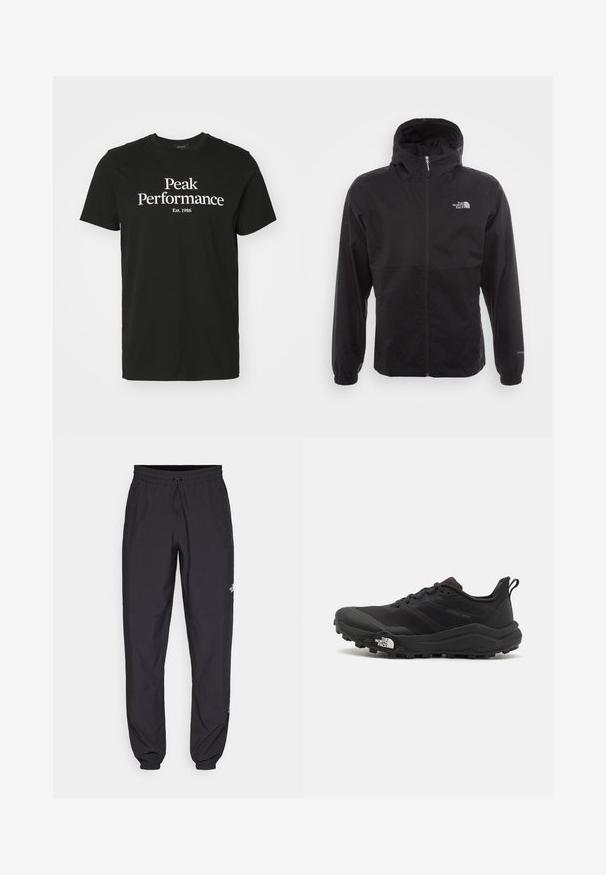 Svart vattentät jacka med full dragkedja, justerbar huva, elastiska ärmslut och en logotyp på bröstet; lätt och slät textur.; Svart bomullströja med en vit grafisk tryck som säger "Peak Performance Est. 1986." Rundad midja och korta ärmar.; Svarta träningsbyxor tillverkade av lättviktsmaterial, med dragsko i midjan, sidofickor och avsmalnande muddar vid anklarna.; Svart terränglöparsko med en strukturerad ovandel, gummisula och förstärkt tåhätta. Har en vadderad krage och en dragflik för enkel påtagning.
