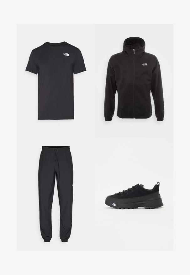 Čierna nepremokavá bunda s plným zipsom, nastaviteľnou kapucňou, elastickými manžetami a logom na hrudi; ľahká, s hladkou textúrou.; Čierne tričko s krátkym rukávom vyrobené z mäkkého materiálu, s malým bielym logom na hornej ľavej strane. Klasický dizajn s okrúhlym výstrihom a pohodlným strihom.; Čierne športové nohavice vyrobené z ľahkej tkaniny, s elastickým pásom na šnurovanie, bočnými vreckami a zúženými manžetami na členkoch.; Čierne vonkajšie tenisky so zvrškom z semišu, štruktúrovanou gumovou podrážkou a pevným šnurovaním. Obsahujú vystužený opätok a logo značky na boku.