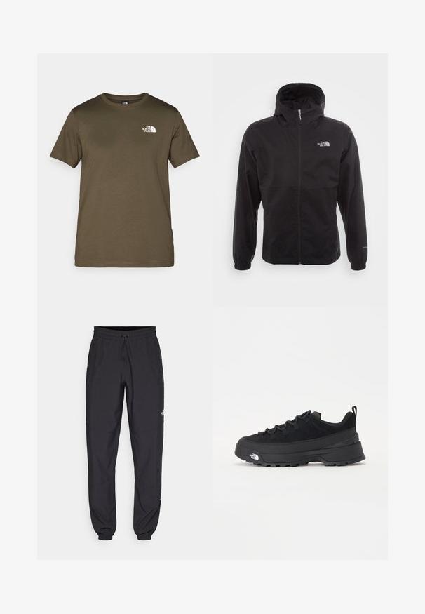 Sort vandtæt jakke med fuld lynlås, justerbar hætte, elastiske manchetter og et logo på brystet; letvægts, glat tekstur.; Oliven grøn bomulds t-shirt med korte ærmer, rund hals og et hvidt logo på venstre bryst. Glat stofstruktur, normal pasform.; Sorte atletiske bukser lavet af letvægtsstof, med en snor i taljen, sidelommer og tapered manchetter ved anklerne.; Sort udendørs sneakers med overdel i ruskind, tekstureret gummisål og robust snøringssystem. Har en forstærket hæl og logo fra mærket på siden.