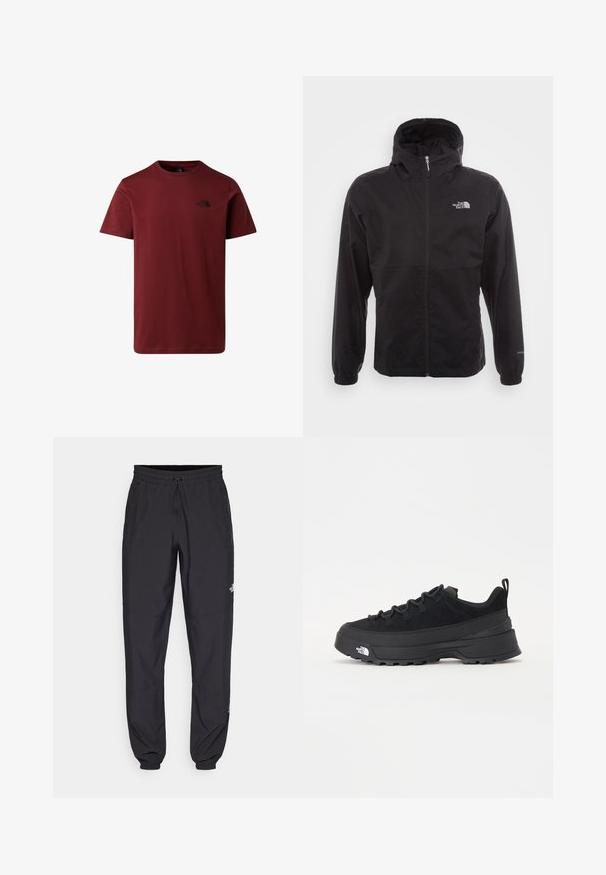 Zwarte waterdichte jack met volledige rits, verstelbare capuchon, elastische manchetten en een logo op de borst; lichtgewicht, gladde textuur.; Maroon T-shirt met korte mouwen en ronde hals met een klein zwart "The North Face" logo op de linkerborst.; Zwarte sportieve broek gemaakt van lichtgewicht stof, met een trekkoord in de taille, zijzakken en taps toelopende boorden bij de enkels.; Zwarte outdoor sneaker met een suede bovenkant, een gestructureerde rubberen zool en een stevig vetersysteem. Heeft een versterkte hiel en een merklogo aan de zijkant.