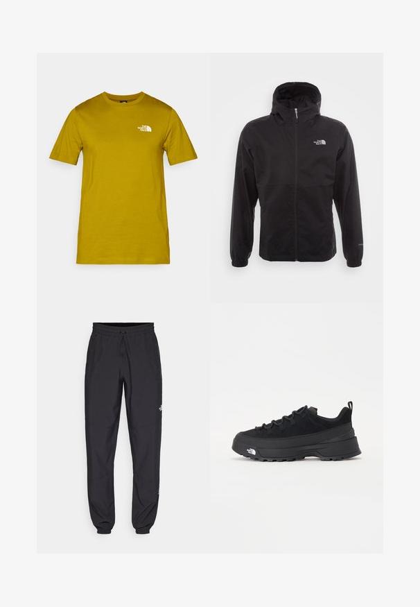 Jachetă neagră, impermeabilă, cu fermoar complet, glugă ajustabilă, manșete elastice și un logo pe piept; ușoară, cu o textură netedă.; Tricou din bumbac cu mânecă scurtă de culoare muștar, cu un logo alb imprimat pe pieptul stâng. Guler rotund, cu o croială standard și o textură fină.; Pantaloni atletici negri, confecționați dintr-un material ușor, cu un tiv elastic la talie, buzunare laterale și tivuri ajustate la gleznă.; Tenisi de exterior negri cu superior din daim, talpă din cauciuc texturat și sistem de șireturi solid. Prezintă un călcâi întărit și un logo al mărcii pe lateral.