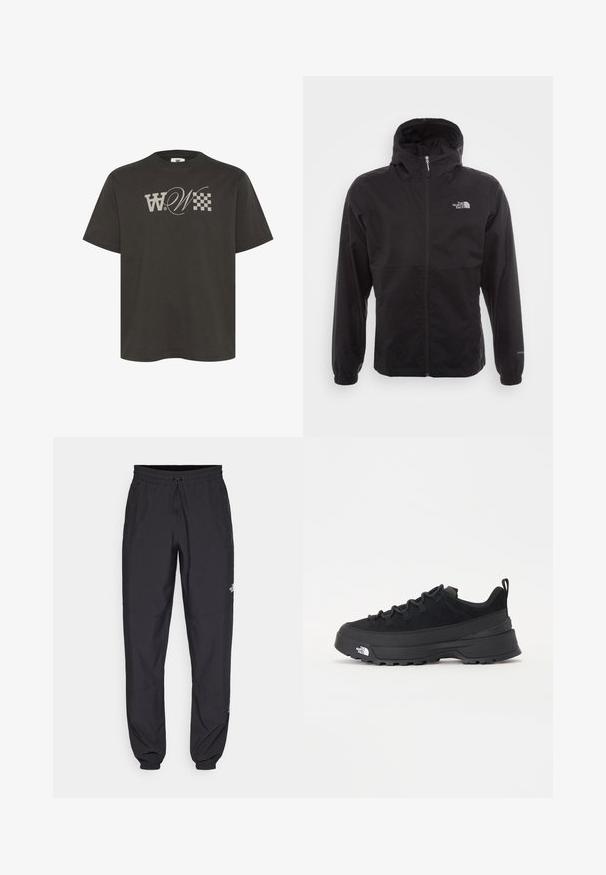 Musta vedenpitävä takki täysihihnalla, säädettävällä huppulla, joustavilla hihansuilla ja logolla rinnassa; kevyt, sileä pinta.; T-paita tummanharmaasta puuvillasta, jossa on suuri, tyylitelty "W"-logo ja ruutukuvio edessä. Lyhyet hihat ja pyöreä kaula-aukko.; Mustat urheiluhousut, jotka on valmistettu kevyestä kankaasta. Housuissa on naru vyötäröllä, sivutaskut ja kapenevat hihnat nilkoissa.; Mustamustad välisjalanõud suede ülemise, tekstuuriga kummist tallaga ja tugeva paelaga. Varustatud tugevdatud kanna ja brändi logoga külgedel.