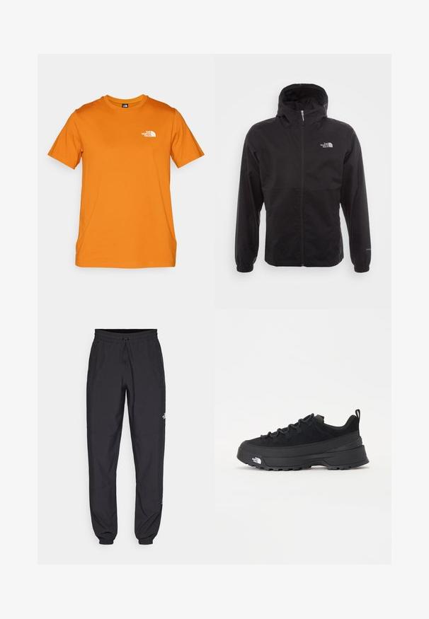 Musta vedenpitävä takki täysihihnalla, säädettävällä huppulla, joustavilla hihansuilla ja logolla rinnassa; kevyt, sileä pinta.; Oranssi lyhythihainen t-paita, joka on valmistettu puuvillasta, ja jossa on pieni valkoinen logo vasemmalla rinnassa. Pyöreä pääntie ja suora helma.; Mustat urheiluhousut, jotka on valmistettu kevyestä kankaasta. Housuissa on naru vyötäröllä, sivutaskut ja kapenevat hihnat nilkoissa.; Mustamustad välisjalanõud suede ülemise, tekstuuriga kummist tallaga ja tugeva paelaga. Varustatud tugevdatud kanna ja brändi logoga külgedel.