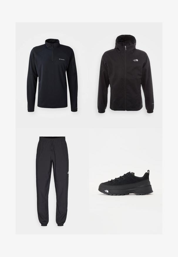 Crna vodootporna jakna s punim patentnim zatvaračem, podesivim kapuljačom, elastičnim manžetama i logom na prsima; lagana, glatke teksture.; Crni pulover s polu-zipom izrađen od mekanog, rastezljivog materijala. Ima raglan rukave, džep sa zipom na lijevoj ruci i detalj s logotipom.; Crne sportske hlače od lagane tkanine, s pojasom na vezanje, bočnim džepovima i suženim manžetama na gležnjevima.; Crne vanjske tenisice s gornjim dijelom od antilopa, teksturiranim gumenim potplatom i čvrstim sustavom vezanja. Imaju ojačan petni deo i logo brenda sa strane.