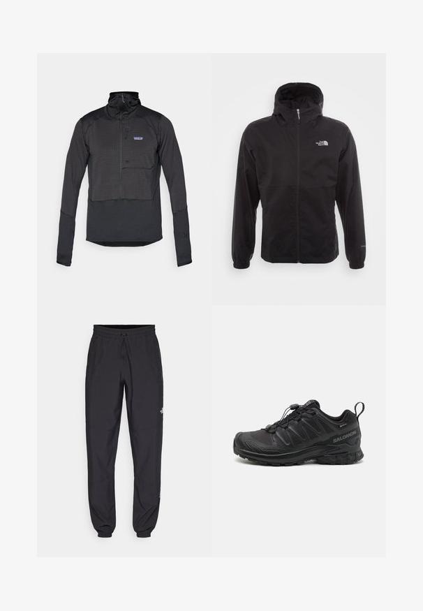 Juodas vandeniui atsparus švarkas su pilnu užtrauktuku, reguliuojama kapuce, elastingais rankogaliais ir logotipu ant krūtinės; lengvas, lygaus paviršiaus.; Juodas, ilgomis rankovėmis, pusės užtrauktuku užsegamas puloveris, pagamintas iš tekstūruotos medžiagos, su krūtinės kišene. Turi iškilų apykaklę ir elastines rankogalius.; Juodos sportinės kelnės, pagamintos iš lengvos medžiagos, su raišteliu liemens srityje, šoniniais kišenėmis ir siaurėjantys apykaklės prie kulkšnies.; Juodas sportinis batas su tekstūruotu sintetiniu apvalkalu, paminkštintu padu ir greito užrišimo sistema. Yra sustiprinta nosis ir kulnas.