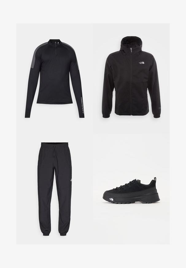 Casaco impermeável preto com fecho completo, capuz ajustável, punhos elásticos e um logótipo no peito; leve, com textura suave.; Camisa atlética preta de mangas compridas com um zíper de um quarto e detalhes cinzas nos ombros. Apresenta o texto "PeakPerformance" na manga esquerda.; Calças atléticas pretas feitas de tecido leve, com um cós ajustável por cordão, bolsos laterais e punhos afunilados nos tornozelos.; Sapatilha de exterior preta com parte superior em camurça, sola de borracha texturizada e sistema de atacadores robusto. Apresenta um calcanhar reforçado e o logótipo da marca na lateral.