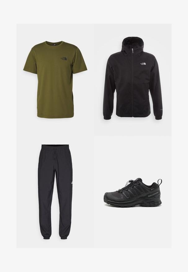 Sort vandtæt jakke med fuld lynlås, justerbar hætte, elastiske manchetter og et logo på brystet; letvægts, glat tekstur.; Olivenfarvet bomulds T-shirt med rund hals, korte ærmer og et lille sort logo trykt på brystet. Glat tekstur, klassisk pasform.; Sorte atletiske bukser lavet af letvægtsstof, med en snor i taljen, sidelommer og tapered manchetter ved anklerne.; Sort atletik sko med en struktureret syntetisk overdel, polstret sål og et hurtiglukkesystem. Har forstærket tå og hæl.