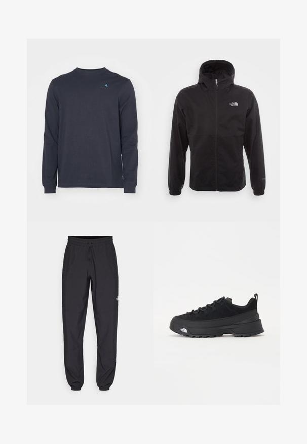 Schwarze wasserdichte Jacke mit durchgehendem Reißverschluss, verstellbarem Kapuzen, elastischen Bündchen und einem Logo auf der Brust; leicht und mit glatter Textur.; Klättermusen ROOT LOGO TEE - Langarmshirt - raven; Schwarze Sporthosen aus leichtem Stoff, mit einem Kordelzugbund, seitlichen Taschen und schmal zulaufenden Bündchen an den Knöcheln.; Schwarzer Outdoorsneaker mit einem Obermaterial aus Wildleder, strukturierter Gummisohle und robustem Schnürsystem. Verfügt über eine verstärkte Ferse und das Markenlogo an der Seite.