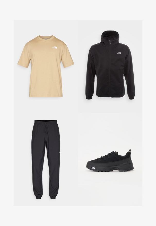 Melna ūdensnecaurlaidīga jaka ar pilnu rāvējslēdzēju, regulējamu kapuci, elastīgām piedurknēm un logo uz krūtīm; viegla, gluda tekstūra.; Kratkām piedurknēm beigu krāsu T-krekls, izgatavots no mīksta auduma. Ar mazu baltu logo kreisajā krūtī un apaļo kakla izgriezumu.; Melni sporta bikses, kas izgatavotas no viegla auduma, ar savelcamu jostu, sānu kabatām un sašaurinātiem apakšējiem galiem pie potītēm.; Melni āra sporta apavi ar zamšādas virsu, teksturētu gumijas zoli un izturīgu auklu sistēmu. Iezīmēts ar pastiprinātu papēdi un zīmola logo sānu daļā.