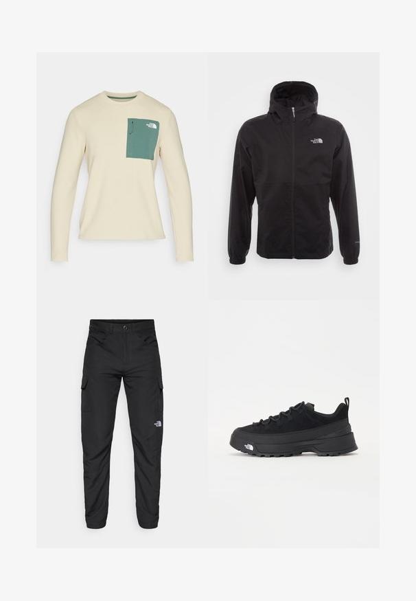 Juodas vandeniui atsparus švarkas su pilnu užtrauktuku, reguliuojama kapuce, elastingais rankogaliais ir logotipu ant krūtinės; lengvas, lygaus paviršiaus.; Bežinis ilgo rankovės marškinėlis, pagamintas iš tekstūruotos medžiagos, su žalia krūtinės kišenę, turinčia virvutę ir logotipo detalę.; The North Face HORIZON PANT - Lauko kelnės - black; Juodas lauko sportinis batelis su zomšiniu viršumi, tekstūruota guma padais ir tvirtas raištelių sistema. Yra sustiprinta kulno dalis ir prekės ženklo logotipas šone.