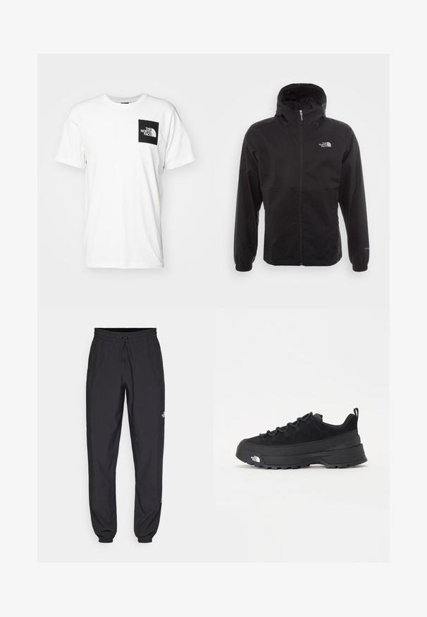 Schwarze wasserdichte Jacke mit durchgehendem Reißverschluss, verstellbarem Kapuzen, elastischen Bündchen und einem Logo auf der Brust; leicht und mit glatter Textur.; Weißes Baumwoll-T-Shirt mit einer schwarzen Taschenoptik, die das "The North Face"-Logo in Weiß zeigt. Mit kurzen Ärmeln und einem Rundhalsausschnitt.; Schwarze Sporthosen aus leichtem Stoff, mit einem Kordelzugbund, seitlichen Taschen und schmal zulaufenden Bündchen an den Knöcheln.; Schwarzer Outdoorsneaker mit einem Obermaterial aus Wildleder, strukturierter Gummisohle und robustem Schnürsystem. Verfügt über eine verstärkte Ferse und das Markenlogo an der Seite.