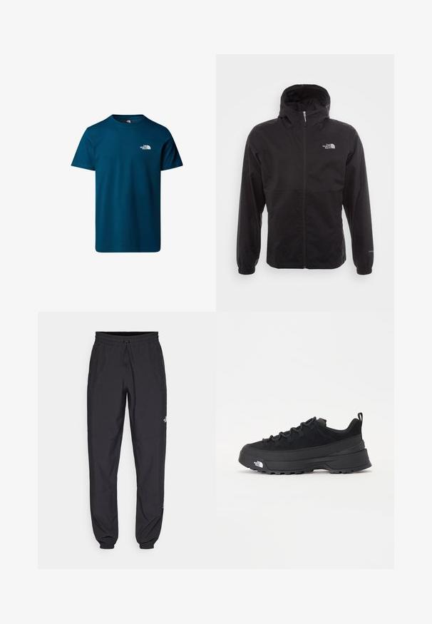 Zwarte waterdichte jack met volledige rits, verstelbare capuchon, elastische manchetten en een logo op de borst; lichtgewicht, gladde textuur.; The North Face M SS SIMPLE DOME TEE - Sport T-shirt - midnight petrol; Zwarte sportieve broek gemaakt van lichtgewicht stof, met een trekkoord in de taille, zijzakken en taps toelopende boorden bij de enkels.; Zwarte outdoor sneaker met een suede bovenkant, een gestructureerde rubberen zool en een stevig vetersysteem. Heeft een versterkte hiel en een merklogo aan de zijkant.
