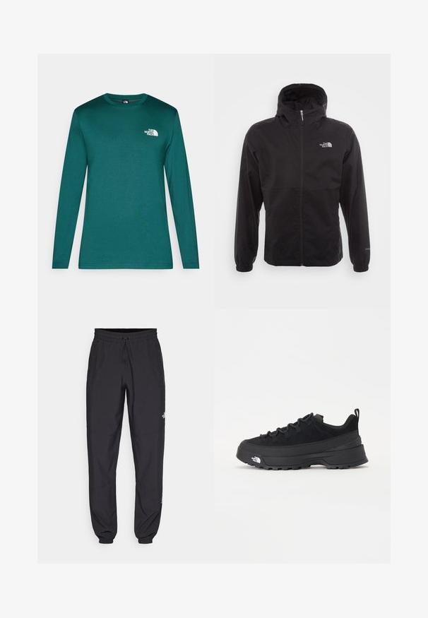 Juodas vandeniui atsparus švarkas su pilnu užtrauktuku, reguliuojama kapuce, elastingais rankogaliais ir logotipu ant krūtinės; lengvas, lygaus paviršiaus.; Ilga rankovė mėtų spalvos marškinėliai, pagaminti iš minkštos medžiagos. Yra apvalus iškirpimas ir nedidelis baltas logotipas kairėje krūtinės pusėje. Lygus paviršius.; Juodos sportinės kelnės, pagamintos iš lengvos medžiagos, su raišteliu liemens srityje, šoniniais kišenėmis ir siaurėjantys apykaklės prie kulkšnies.; Juodas lauko sportinis batelis su zomšiniu viršumi, tekstūruota guma padais ir tvirtas raištelių sistema. Yra sustiprinta kulno dalis ir prekės ženklo logotipas šone.