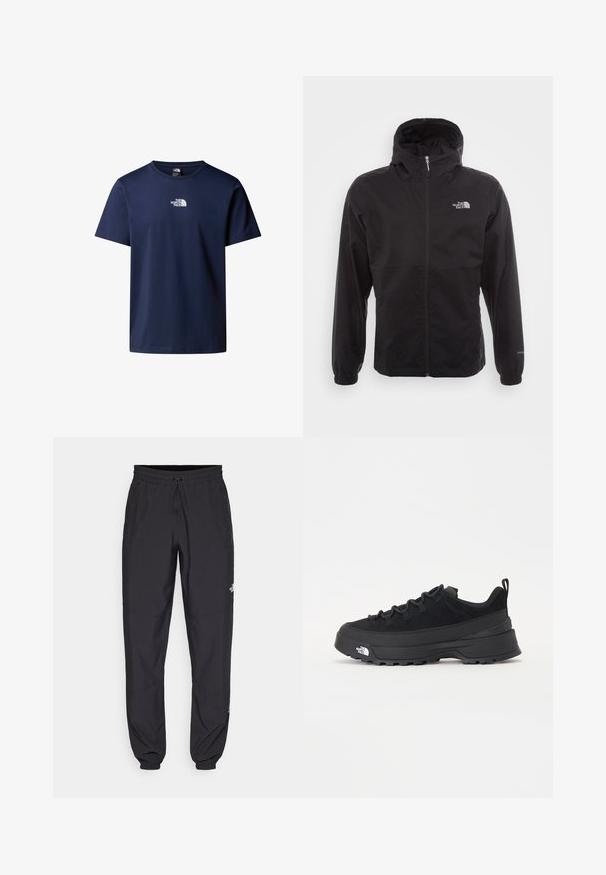 Chaqueta negra impermeable con cremallera completa, capucha ajustable, puños elásticos y un logo en el pecho; ligera, con textura suave.; Camiseta de algodón azul marino con cuello redondo clásico y mangas cortas, que presenta un logo blanco en el pecho. Textura suave, diseño sin adornos.; Pantalones deportivos negros hechos de un tejido ligero, con una cinturilla ajustable, bolsillos laterales y puños ajustados en los tobillos.; Zapatilla negra de exterior con parte superior de ante, suela de goma texturizada y un sólido sistema de cordones. Cuenta con un talón reforzado y el logotipo de la marca en el lateral.