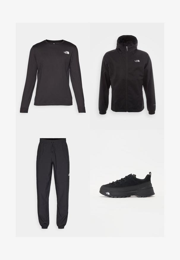 Chaqueta negra impermeable con cremallera completa, capucha ajustable, puños elásticos y un logo en el pecho; ligera, con textura suave.; Camiseta negra de manga larga hecha de algodón suave, con cuello redondo y un pequeño logo blanco en la parte superior izquierda. Textura suave.; Pantalones deportivos negros hechos de un tejido ligero, con una cinturilla ajustable, bolsillos laterales y puños ajustados en los tobillos.; Zapatilla negra de exterior con parte superior de ante, suela de goma texturizada y un sólido sistema de cordones. Cuenta con un talón reforzado y el logotipo de la marca en el lateral.