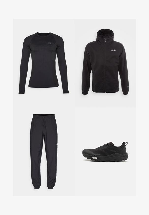 Must have veekindel must jope täispikksu lõpetusega, reguleeritava kapuutsiga, elastsete mansettide ning rinnal oleva logoga; kerge, sile tekstuur.; Pikisu käised, keha külge liibuv must sportlik särk tekstuuriga paneelidega, ümmargune kaelus ja logo vasakus ülaservas. Valmistatud venivast ja niiskust imavast kangast.; Mustavad sportlikud püksid, mis on valmistatud kergest kangast, joonlauaga taljest, küljetaskudega ja kitsenevate varrukatega pahkluude juures.; Must tume jooksujalats musta värvi, tekstuurse ülemise osaga, kummist tallaga ja tugevdatud varbaga. Omab pehmendusega krae ja tõmblinti mugavaks selga panemiseks.