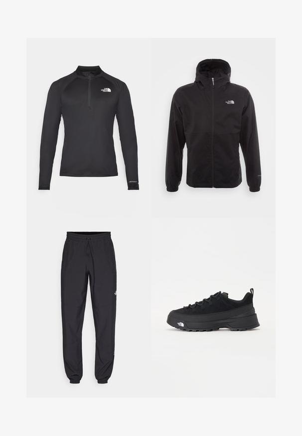 Fekete, vízálló dzseki teljes cipzárral, állítható kapucnival, rugalmas mandzsettákkal és mellkasi logóval; könnyű, sima textúrájú.; Fekete, hosszú ujjú aktív felső, negyed cipzárral, textúrált anyagból, oldalsó zsebekkel és diszkrét logóval a mellkason.; Fekete sportnadrág, könnyű anyagból készült, húzózsinóros derékkal, oldalsó zsebekkel és szűkített szárakkal a bokáknál.; Fekete kültéri sneaker velúr felsőrésszel, texturált gumitalppal és strapabíró fűzőrendszerrel. Megerősített sarkú és oldalán márkalogóval rendelkezik.
