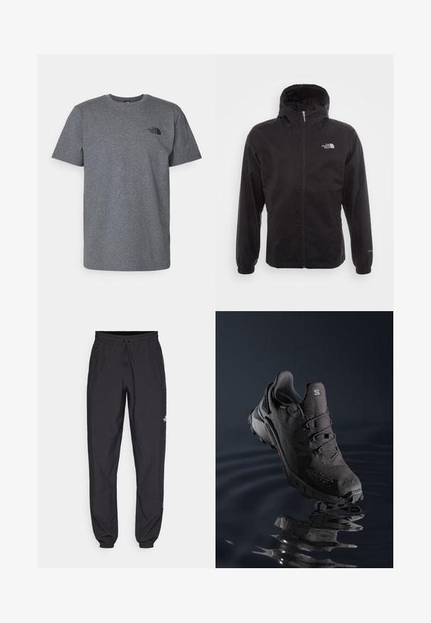 Svart vanntett jakke med full glidelås, justerbar hette, elastiske mansjetter og logo på brystet; lett, glatt tekstur.; Grå bomulls t-skjorte med korte ermer, rund halsutskjæring og svart logo trykket på øvre venstre bryst. Myk tekstur med en avslappet passform.; Sorte idrettsbukser laget av lett stoff, med snor i livet, sidelommer og smale mansjetter ved anklene.; Svart terrengløpesko med teksturert overdel, snøresystem og gummisåle. Har vannavstøtende materiale og røde detaljer.