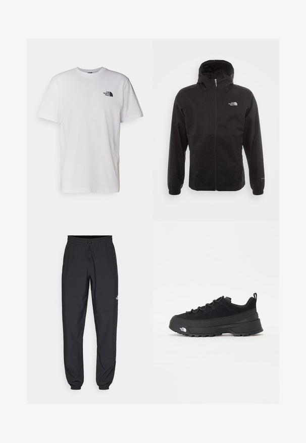 Sort vandtæt jakke med fuld lynlås, justerbar hætte, elastiske manchetter og et logo på brystet; letvægts, glat tekstur.; Hvid bomuld T-shirt med rund hals, korte ærmer og et lille sort logo trykt på venstre brystområde.; Sorte atletiske bukser lavet af letvægtsstof, med en snor i taljen, sidelommer og tapered manchetter ved anklerne.; Sort udendørs sneakers med overdel i ruskind, tekstureret gummisål og robust snøringssystem. Har en forstærket hæl og logo fra mærket på siden.