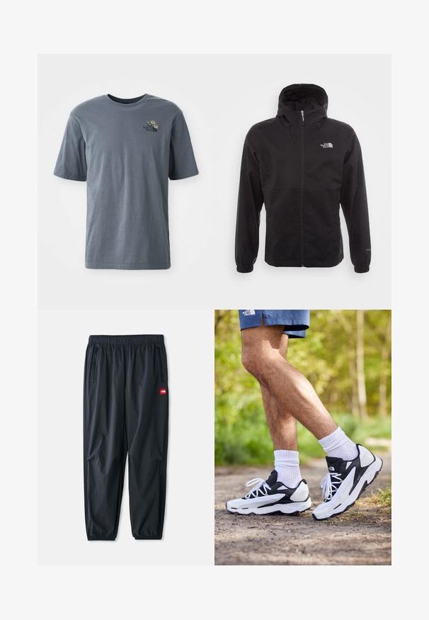 Čierna nepremokavá bunda s plným zipsom, nastaviteľnou kapucňou, elastickými manžetami a logom na hrudi; ľahká, s hladkou textúrou.; Šedé tričko s krátkym rukávom vyrobené z bavlny, s malým vyšitým logom a kvetinovým motívom na ľavej časti hrude.; Čierne ľahké nohavice vyrobené z syntetického materiálu, s elastickým pásom, bočnými vreckami na zips a malou červenou nášivkou s logom.; Čierne a biele športové topánky s sieťovinovým zvrškom, textúrovanými akcentmi a bielymi šnúrkami. Nosené s bielymi ponožkami po členky a tmavomodrými šortkami na chodníku.
