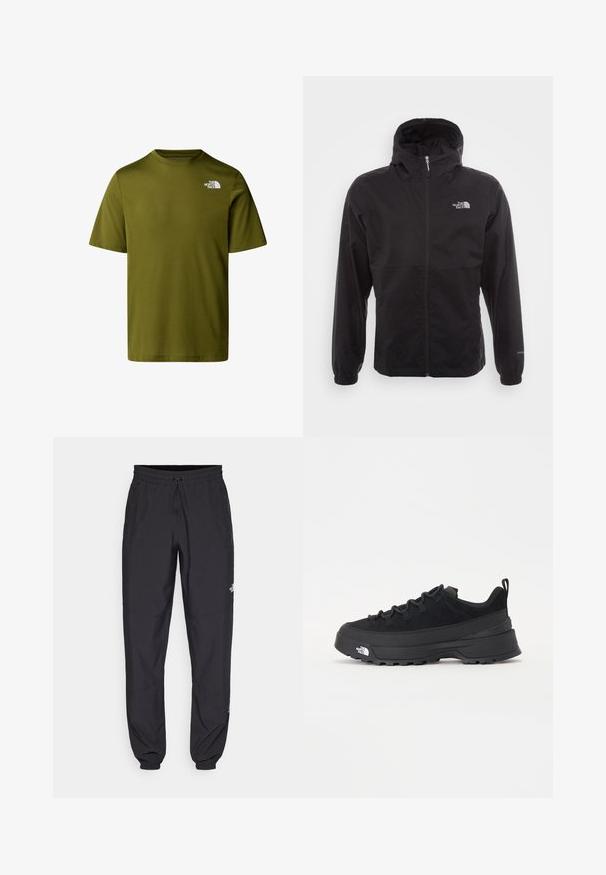 Musta vedenpitävä takki täysihihnalla, säädettävällä huppulla, joustavilla hihansuilla ja logolla rinnassa; kevyt, sileä pinta.; Oliivinvihreä, lyhythihainen t-paita pehmeästä kankaasta; siinä on pieni valkoinen logo vasemmassa ylärinnassa. Klassinen pyöreä pääntie.; Mustat urheiluhousut, jotka on valmistettu kevyestä kankaasta. Housuissa on naru vyötäröllä, sivutaskut ja kapenevat hihnat nilkoissa.; Mustamustad välisjalanõud suede ülemise, tekstuuriga kummist tallaga ja tugeva paelaga. Varustatud tugevdatud kanna ja brändi logoga külgedel.
