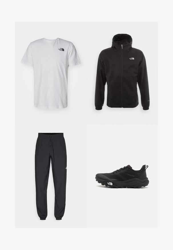 Svart vanntett jakke med full glidelås, justerbar hette, elastiske mansjetter og logo på brystet; lett, glatt tekstur.; Hvit bomull t-skjorte med korte ermer og rund hals. Har en liten svart logo på den øvre venstre brystdelen. Glatt tekstur.; Sorte idrettsbukser laget av lett stoff, med snor i livet, sidelommer og smale mansjetter ved anklene.; Svart terrengløpesko med teksturert overdel, gummisåle og forsterket tåhette. Har polstret krage og løftestropp for enkel påkledning.